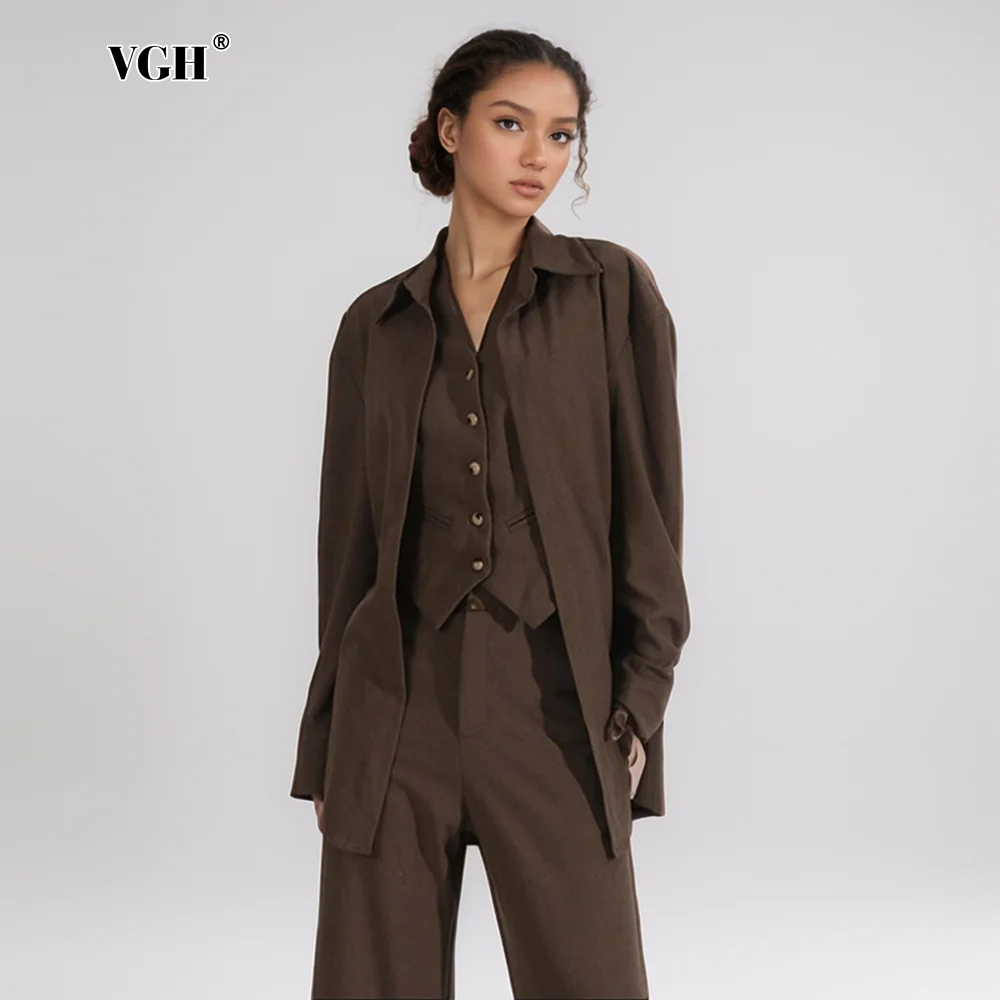 

VGH Solid Chic Two Piece Set For Women Lapel Long Sleeve Patchwork Button Top High Waist Wide Leg Pant Casual Sets Female New