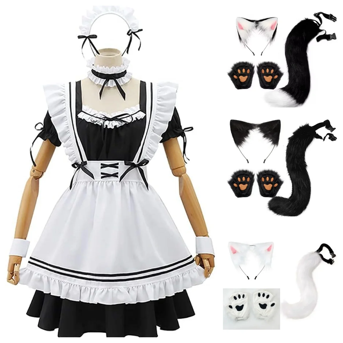 

Kawaii Dress Japanese Anime Show Maid Cosplay Costume Fluffy Fox Ears and Matching Tail Set Halloween Party Costume Accessories