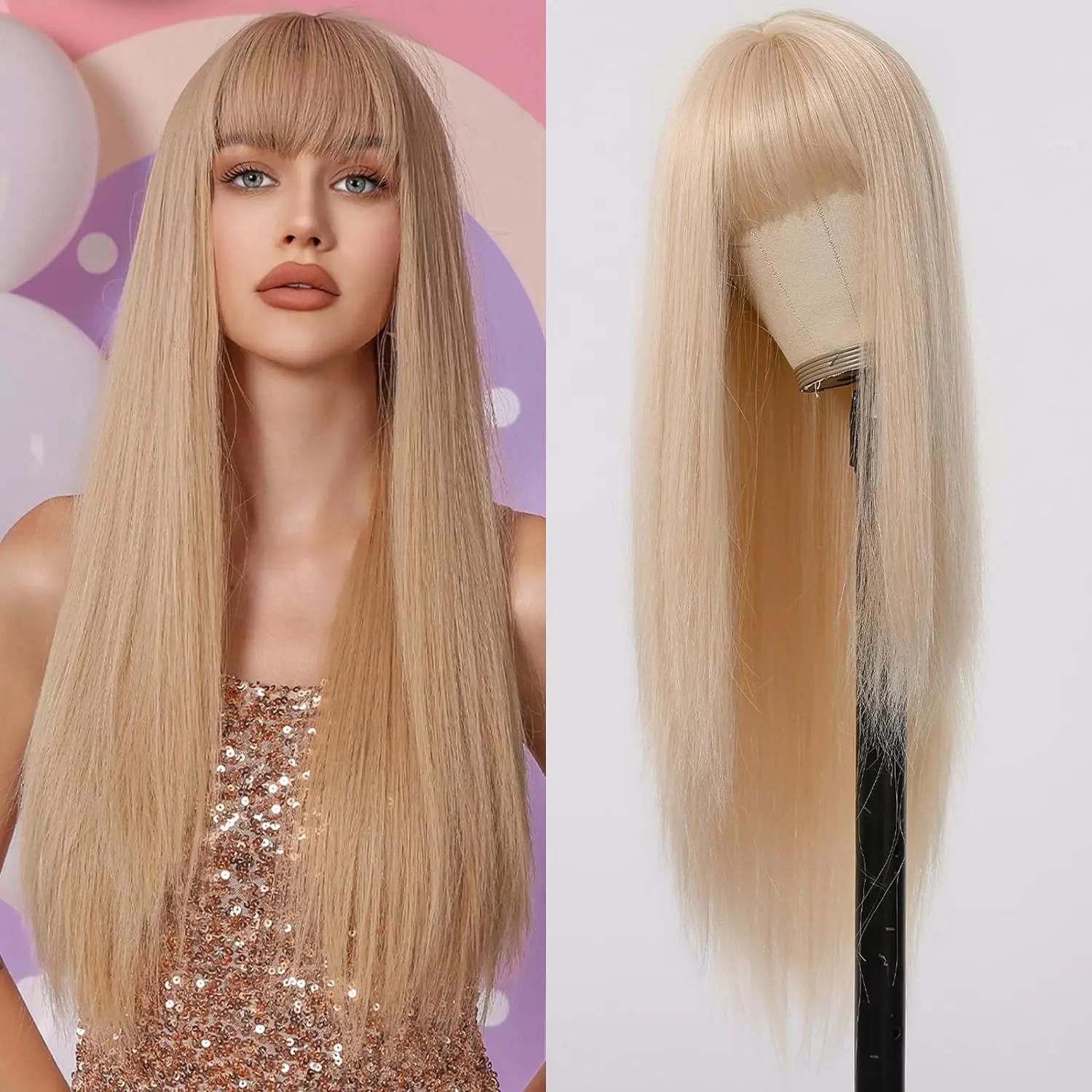 Blonde Wig Women Long Straight Bangs Natural Synthetic Fiber Synthetic Hair Fashion Ladies Daily Party Use Heat Resistant