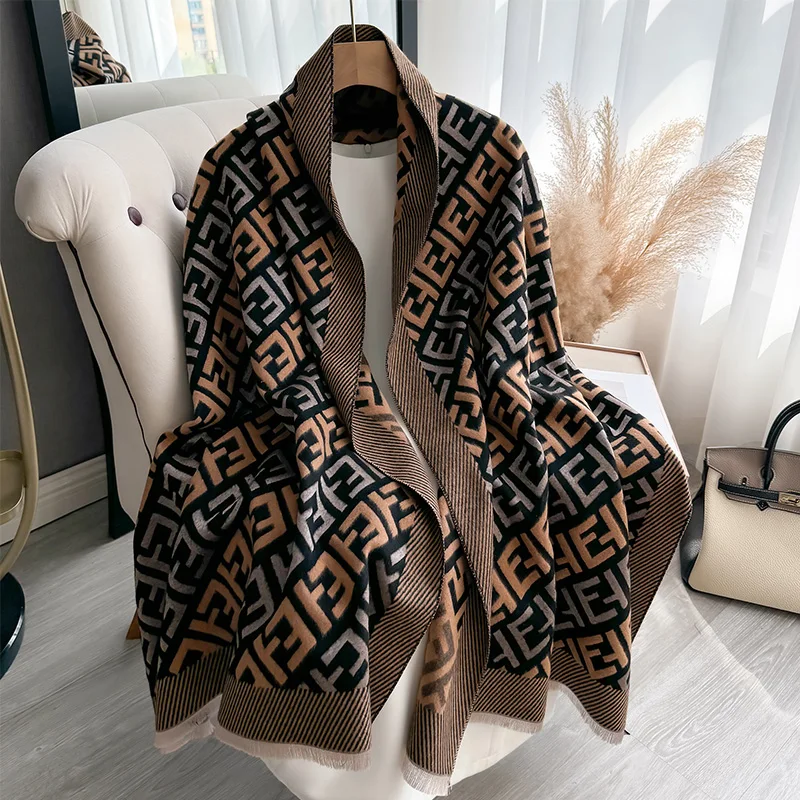 New Luxury Winter Letter Two-Sided Cashmere Jacquard Scarves High Quality Women Thicken Wrap Shawl Ladies Wool Pashmina Scarf