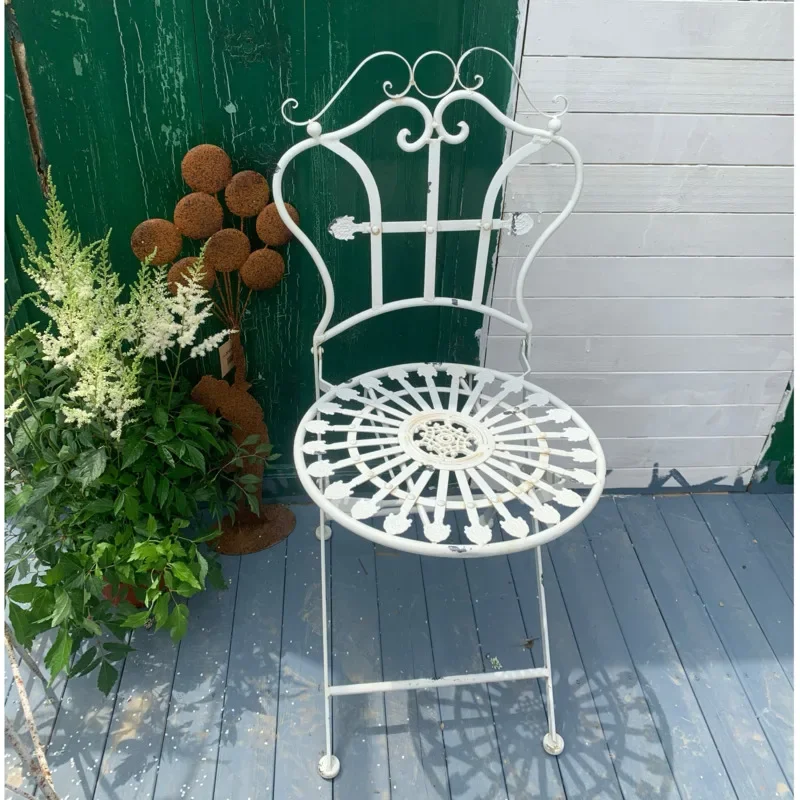 

Vintage Folding Garden Chair Ironwork Do Old Backrest Seat Courtyard Balcony Flowerpot Base Stable Load Bearing Coffee Chairs