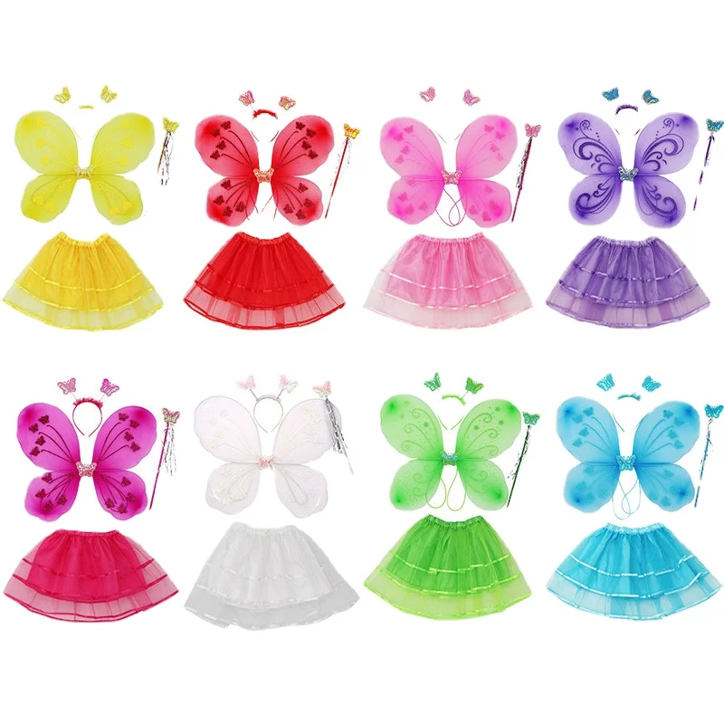 

Girl Performance RolePlay Butterflies Costumes Princess Fairy Wings Magic Wand Headband Skirt 4Pcs Halloween Cosplay Party Props