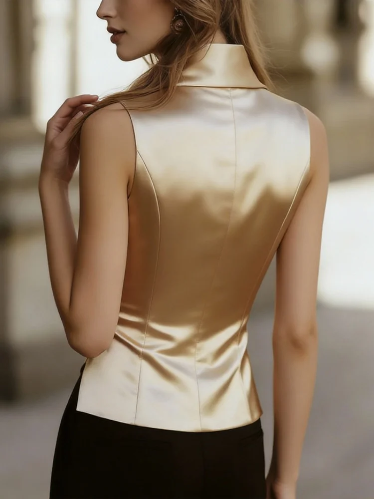 Sleeveless Vest Lapel Collar Asymmetric Single Breasted Ruched Slim Fit Waistcoat Outfit For Women Office Banquet Dating Elegant Wear