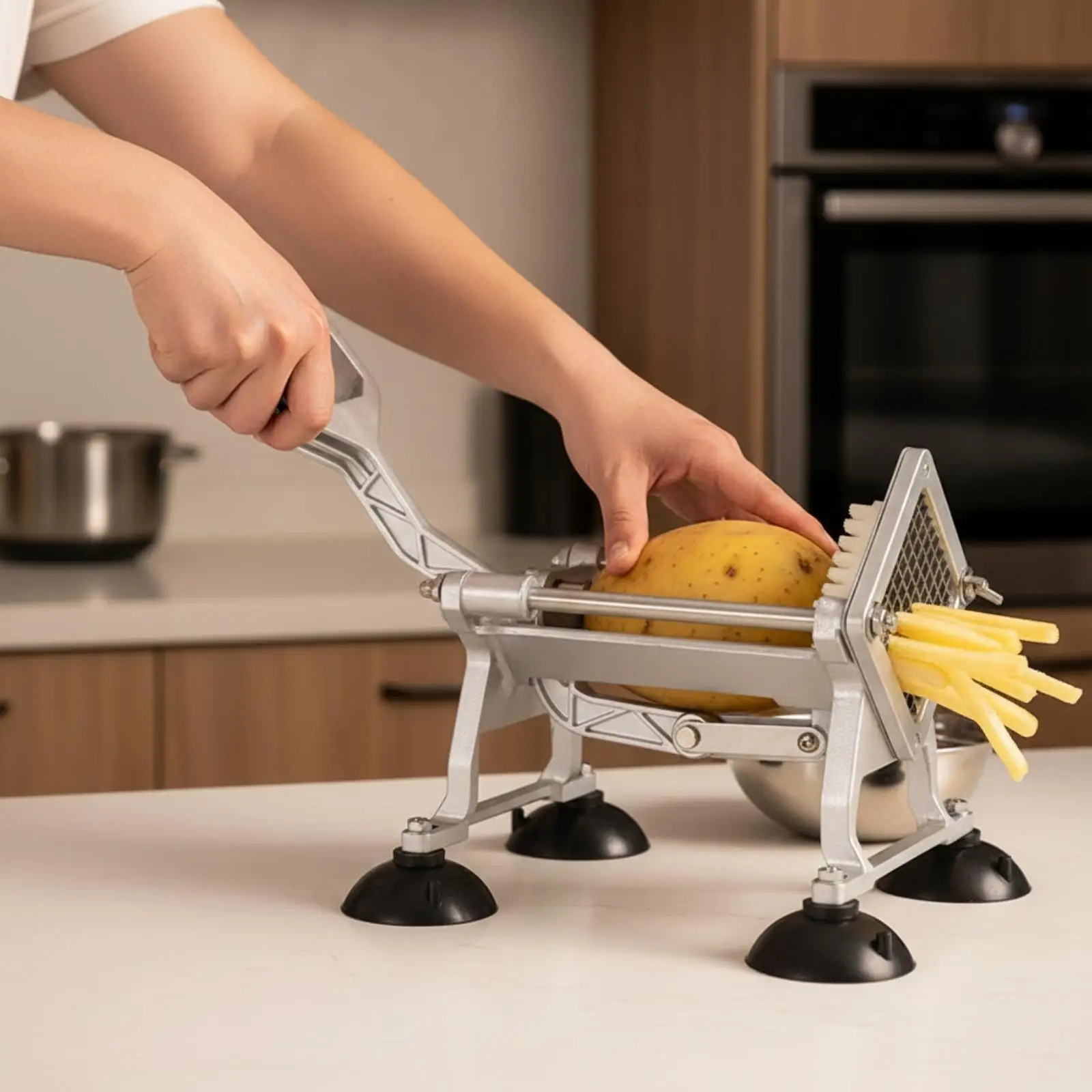 Heavy Duty Potato Stick Cutter with Aluminum Frame and Four Interchangeable Blades for Uniform Slicing Results