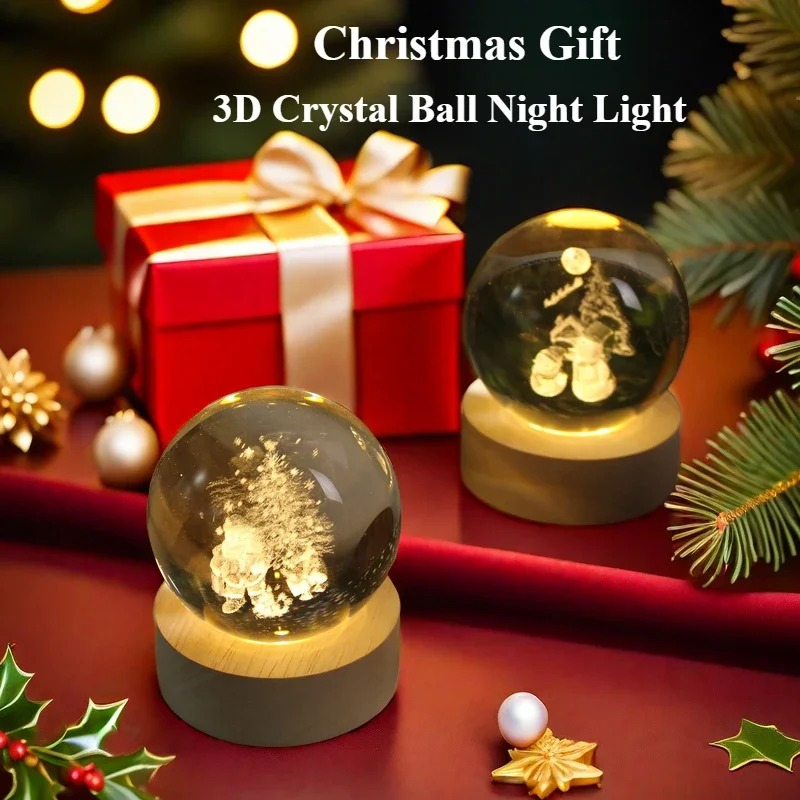 3D Crystal Ball  Warm White Moon Planet Night Light Laser Engraved  Saturn Globe Santa Clause Snowman Birthday Gift Home Space