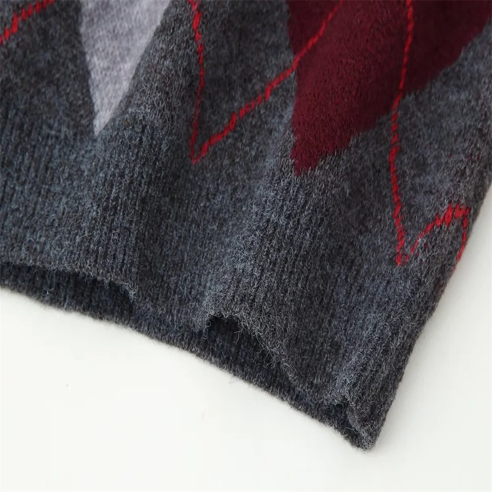 Pull rétro à manches longues et col rond pour femme, vêtement rétro avec grille de diamant contrasté, nouveau style de tempérament, automne et hiver