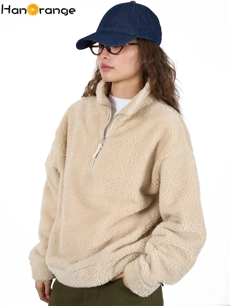 HanOrange 2024 Autumn Winter Lazy Fake Lambswool Turtleneck Hoodie Women Loose Soft Sticky Skin Friendly Warm Top Beige/Brown