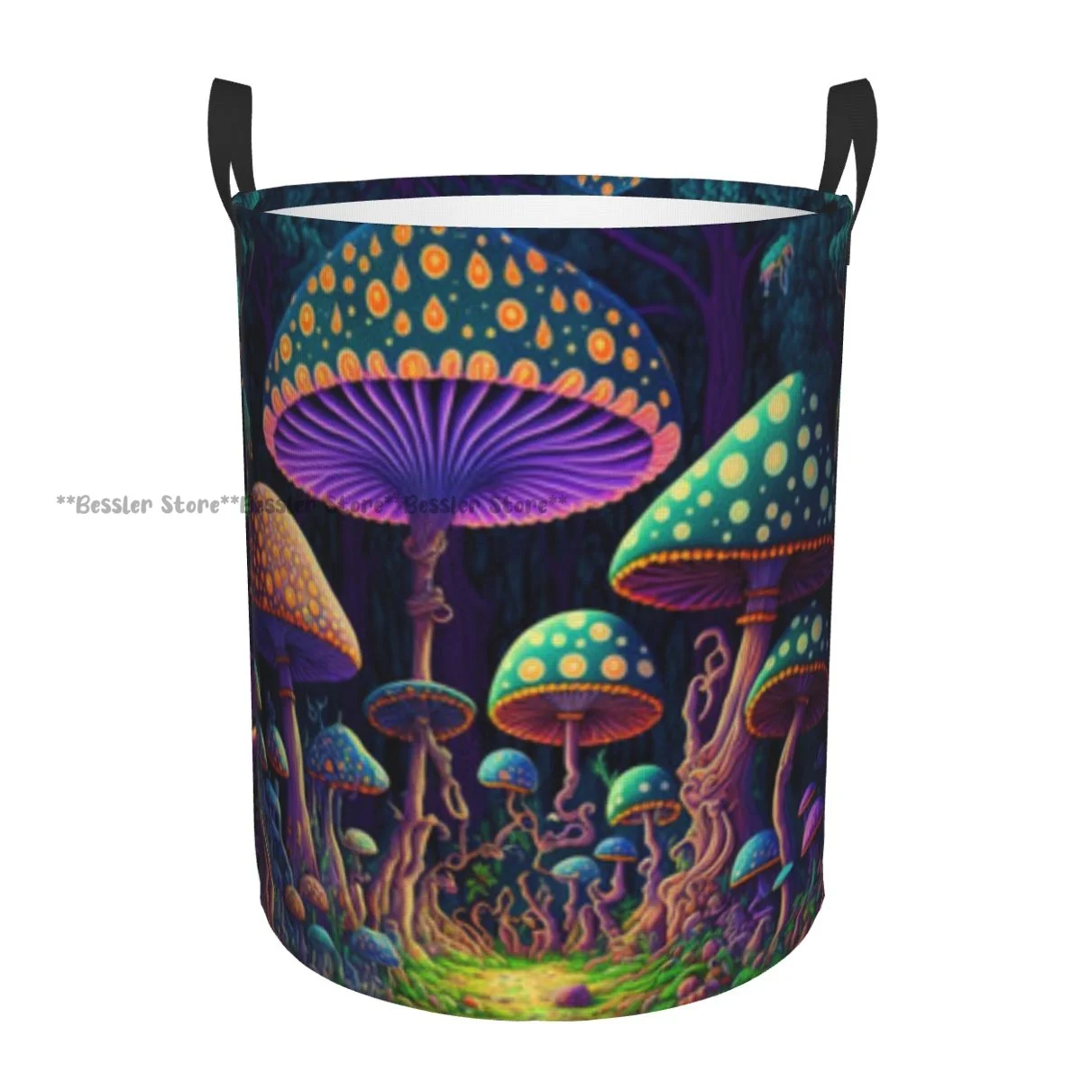 Folding Laundry Basket Psychedelic Art Magic Mushrooms Round Storage Bin Collapsible Hamper Clothes Bucket Organizer