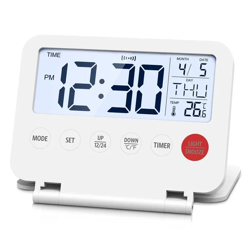 AS94-Travel Alarm Clock Small Foldable Portable Alarm Clock Desk Clock Battery Operated White