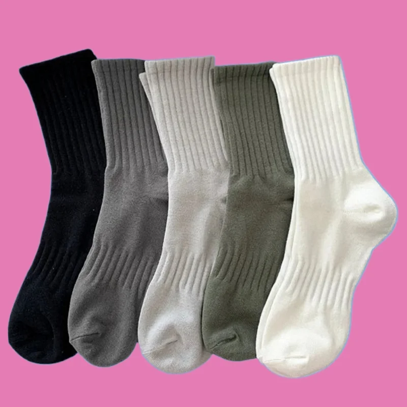 5 Pairs Summer New Black White Warm Socks Autumn Winter Male Breathable Solid Color Sport Long Middle Tube Casual Socks