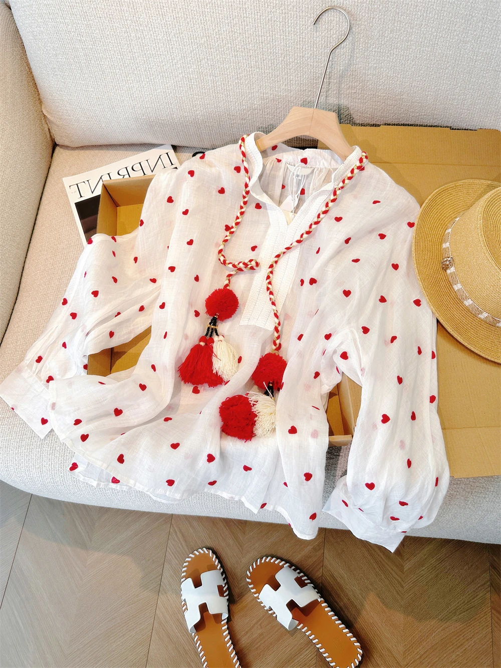 

Sweet White V-Ne Long Sve irt Женский свободный повседневный осенний модный топ в горошек с сердечным узором для молодежи