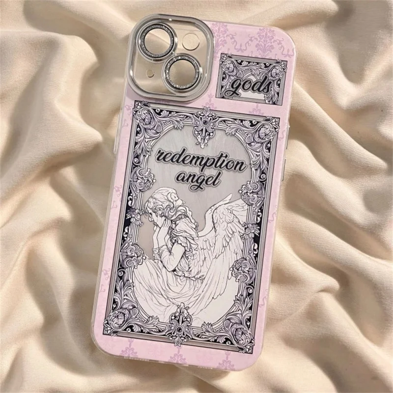 

﻿Luxury Cupid Pink angel wings plating silver Case protection for iPhone 11 12 13 14 15 16 17 Pro Max Plus camera protect Coque﻿