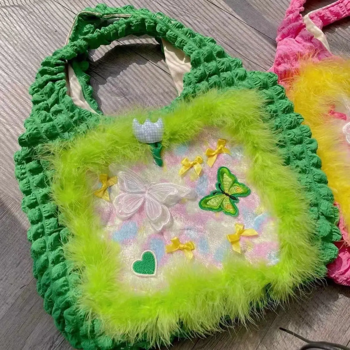 Bolsa de ombro flor de pelúcia bonito para meninas, rosa, verde, limite, cabeça girando, taxa para cima, beleza, colorido, quente, Kid Bag, inverno