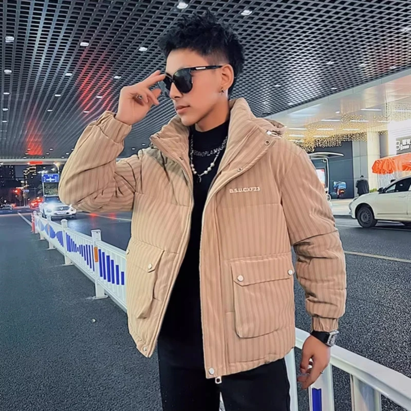 Winter Leather Jacket Men Fashion Striped Hooded Puffer Thick Parkas Thickened and Warm Cotton Jackets Casual Hiphop Overcoat