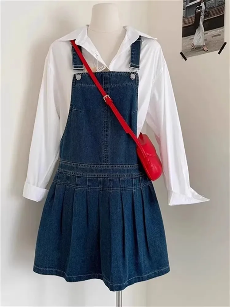 plus Size Retro Denim Overalls Women's Summer Casual Pleated Midi Skirt A-Line Cotton Blend No-Sleeve Korean Style Dress