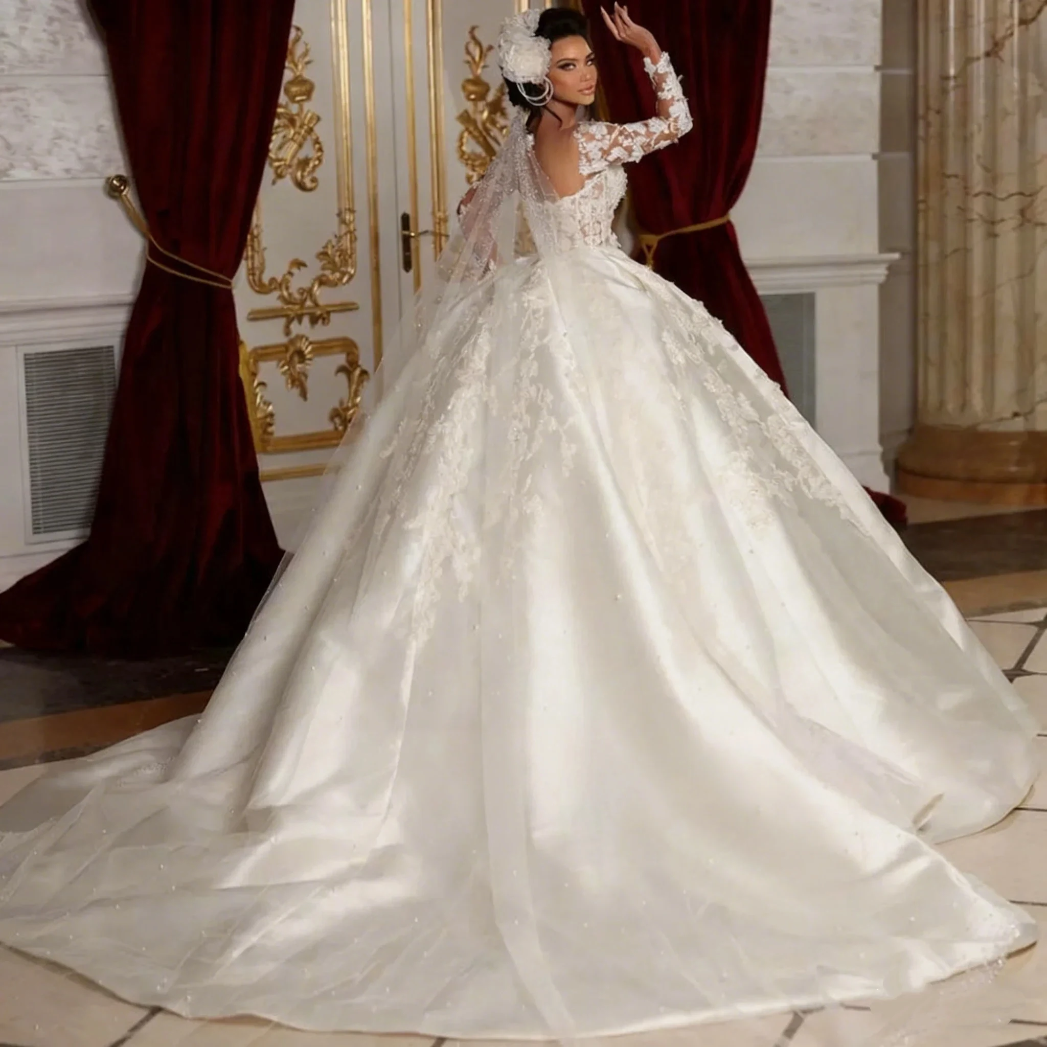 Luxurious A-Line Lace Applique Beaded Fluffy Wedding Dress Sexy V-Neck Transparent Long Sleeved Ballroom Bridal Gown Customized