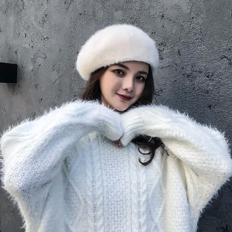 Black/White Fashion Classic Women Rabbit Fur Berets Autumn Winter Warm Thick Plush Hat Casual Solid Color Elegant Sweet Berets