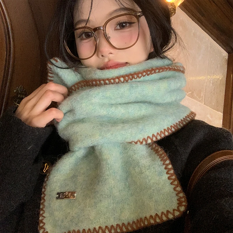 

Warm Scarf Korean Version Sweet Style Scarf New Cashmere Hemmed Mohair Scarf High end And Warm Neck Autumn Winter Green Scarf