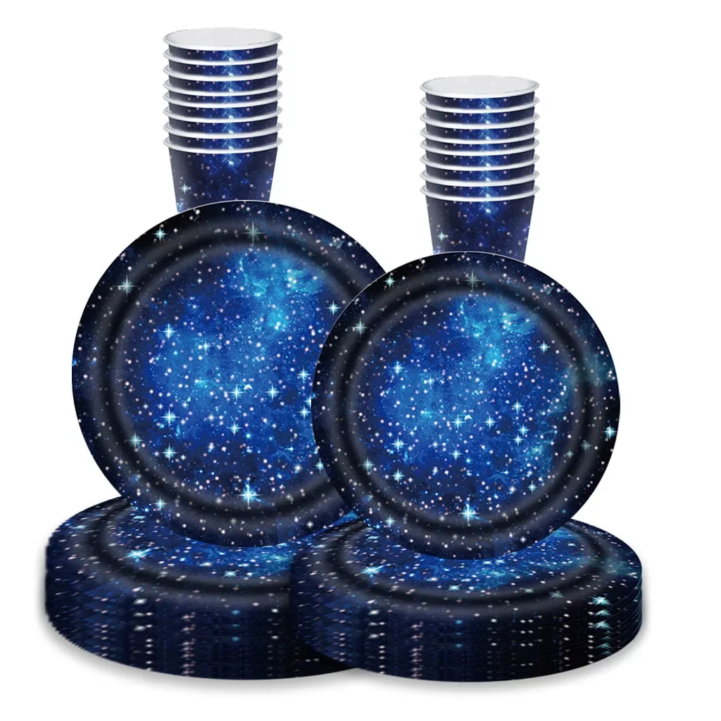 8pcs Starry Sky Disposable Tableware Happy Birthday Party Decor Navy Blue Plates Cups Kid Andults Galaxy Table