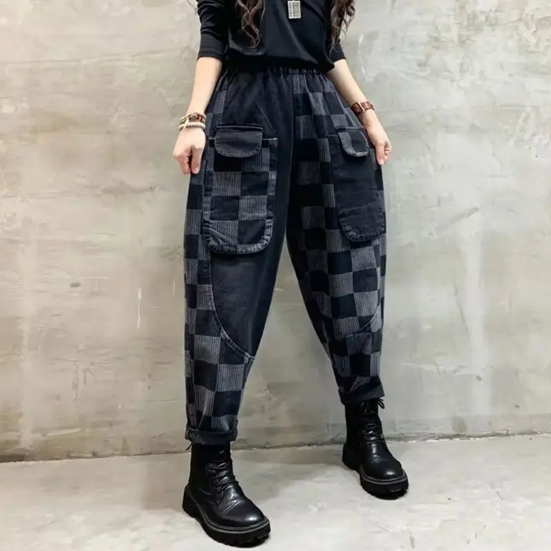 Women Vintage Plaid Patchwork Casual Streetwear Y2K Denim Harem Pants Autumn Winter Plush Warm Baggy Jeans Harajuku Pantalones