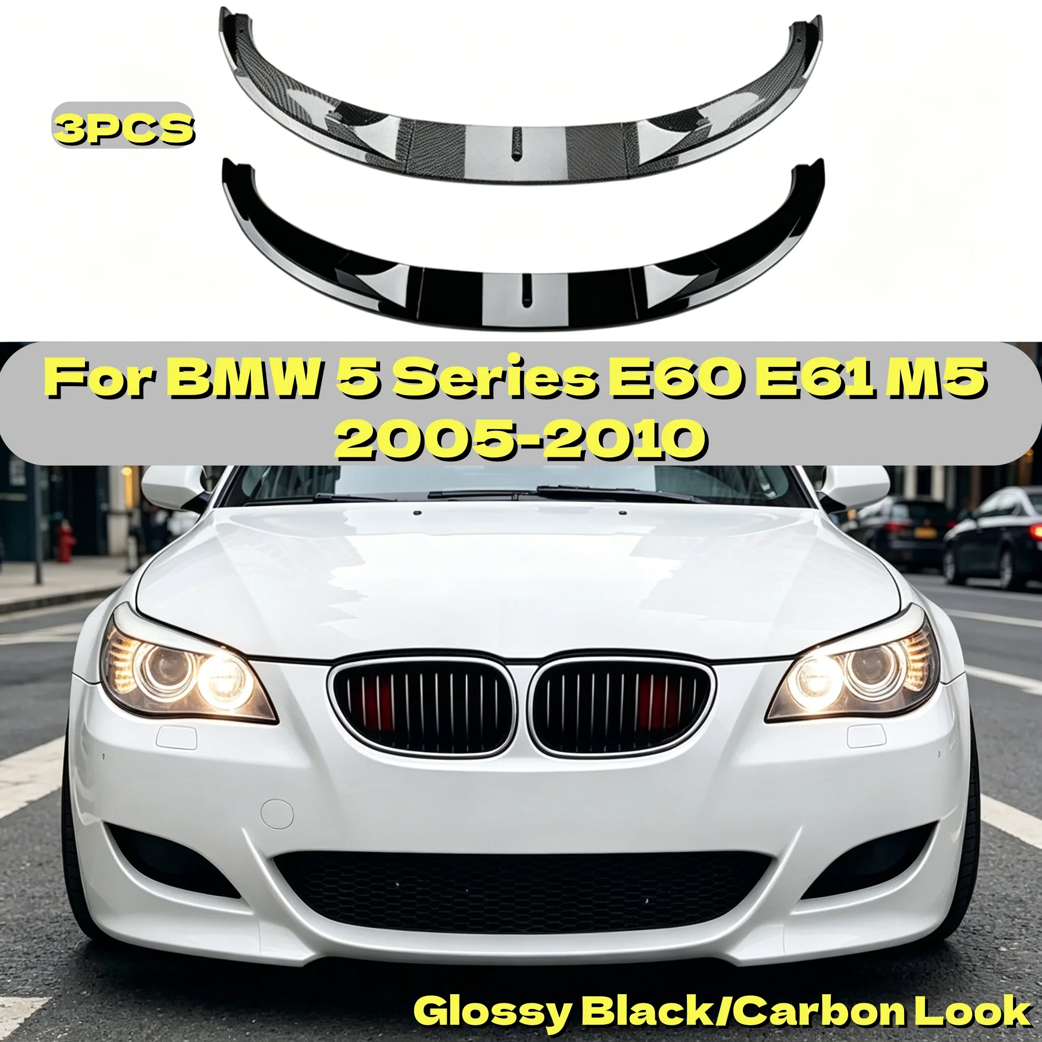 3-teiliger Frontspoiler für BMW 5er E60 E61 M5 2005-2010 Diffusor Spoiler Bodykit Tuning Schwarz/Carbon-Optik