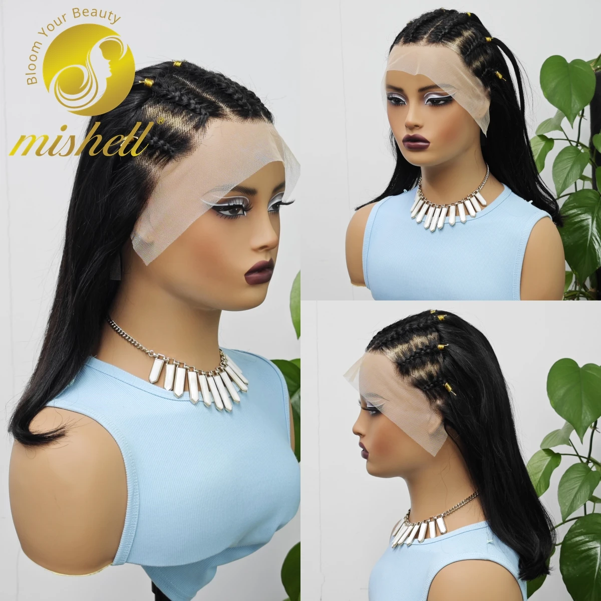 

180% Density 16 Inches Natural Color Straight Human Hair Wig With Braids Transparent Lace Frontal Wig Brazilian Remy Hair Wig