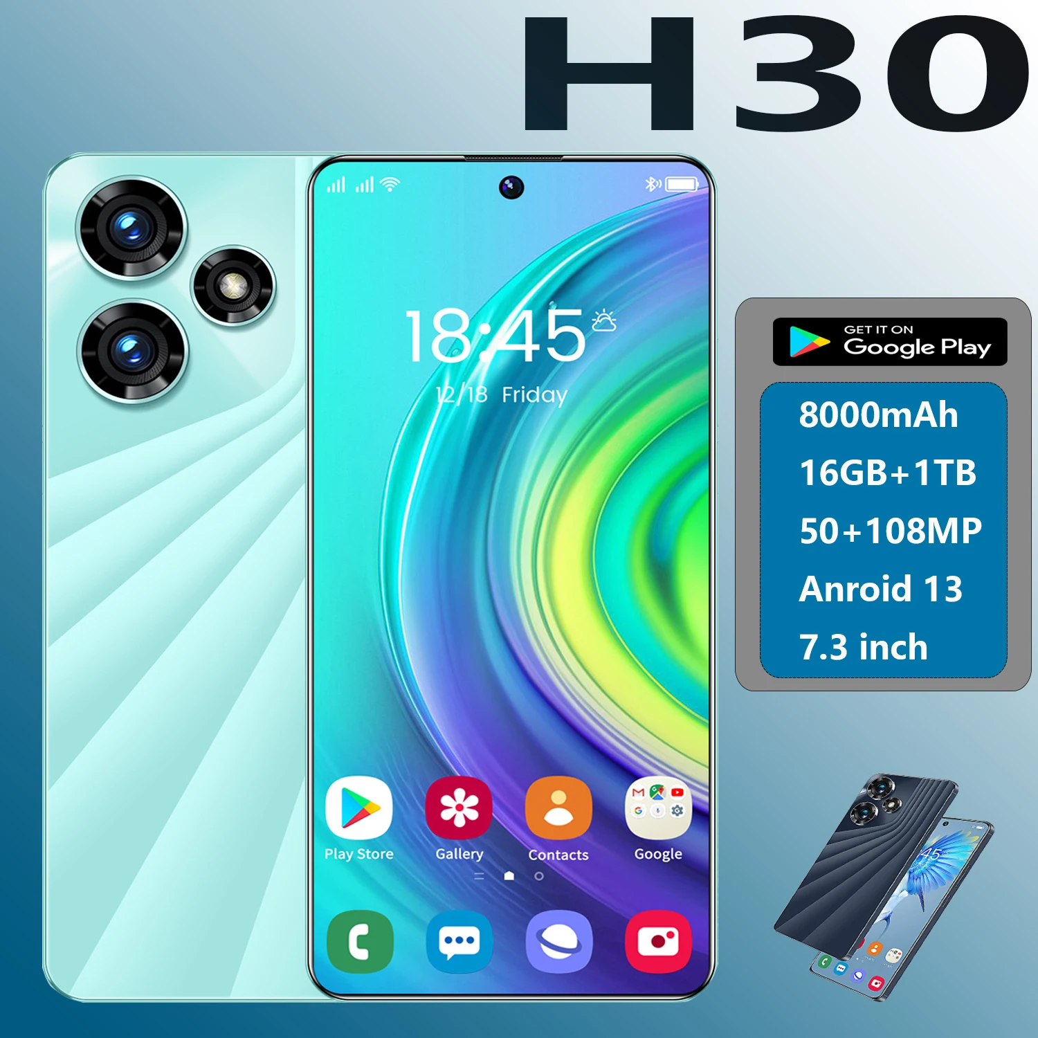 Oryginalny smartfon H30 5G odblokowanie twarzą 7.3 Cal 16GB + 1TB 8000mAh 50MP + 108MP Dual SIM Dual Standby telefonu komórkowego z systemem Android