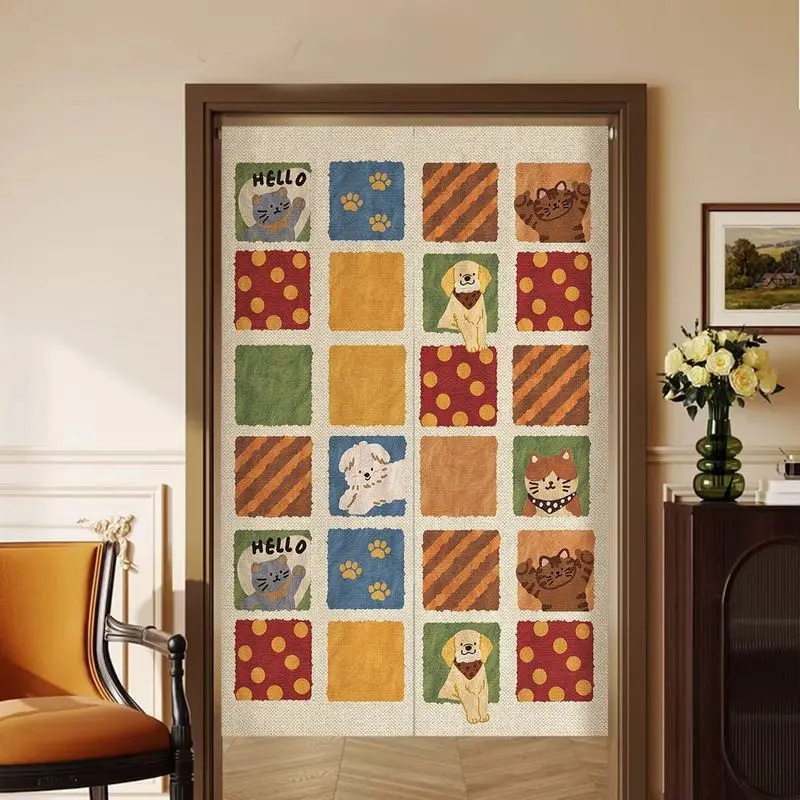 Vintage Collage Style Sausage Dog Door Curtain Nice Day Star Cartoon Fabric Door Curtain, No Punching Privacy Partition Curtain