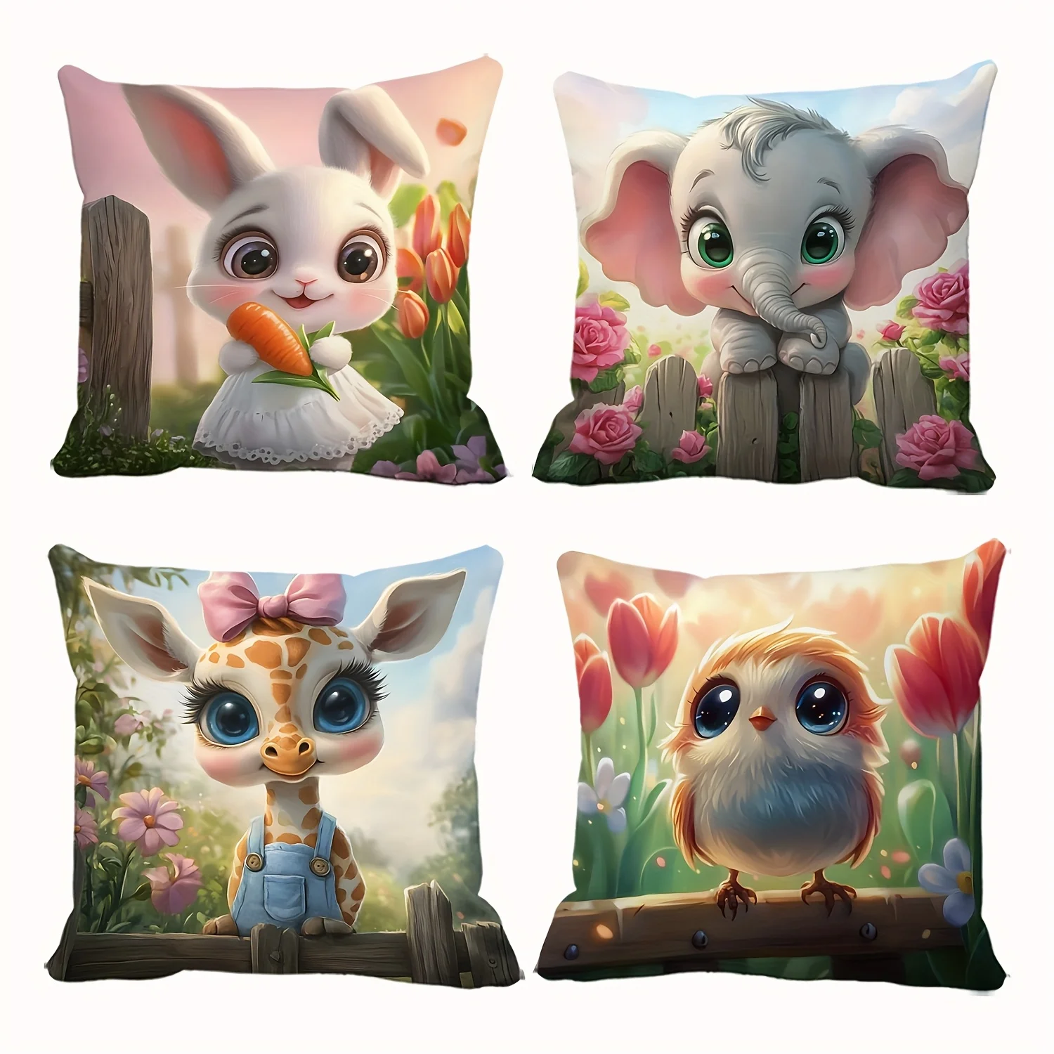 Cute Cartoon Animal Print Decorative Throw Pillow Covers Set of 4 Nursery Room Kids Decor Pillowcase 40x40cm Whimsical Art Home