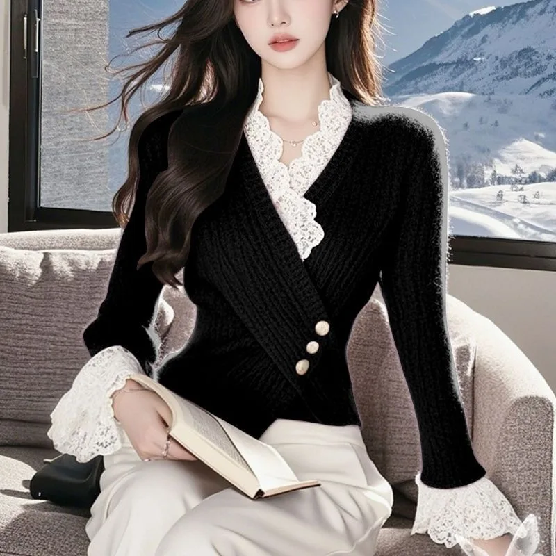 

Новый французский модный вязаный свитер в стиле ретро, женский осенне-зимний элегантный тонкий кружевной топ с длинными рукавами и v-образным вырезом, трикотаж