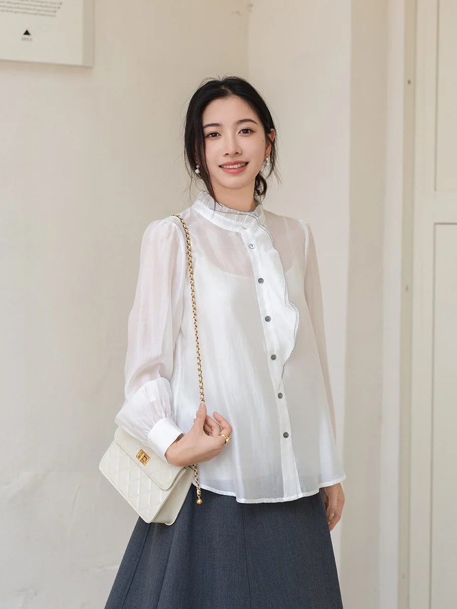 

Apipedr Ru Meng Design Sense Lyocell Color Blo Ruffle Collar irt Early Autumn Cloud Canion Flower Loing