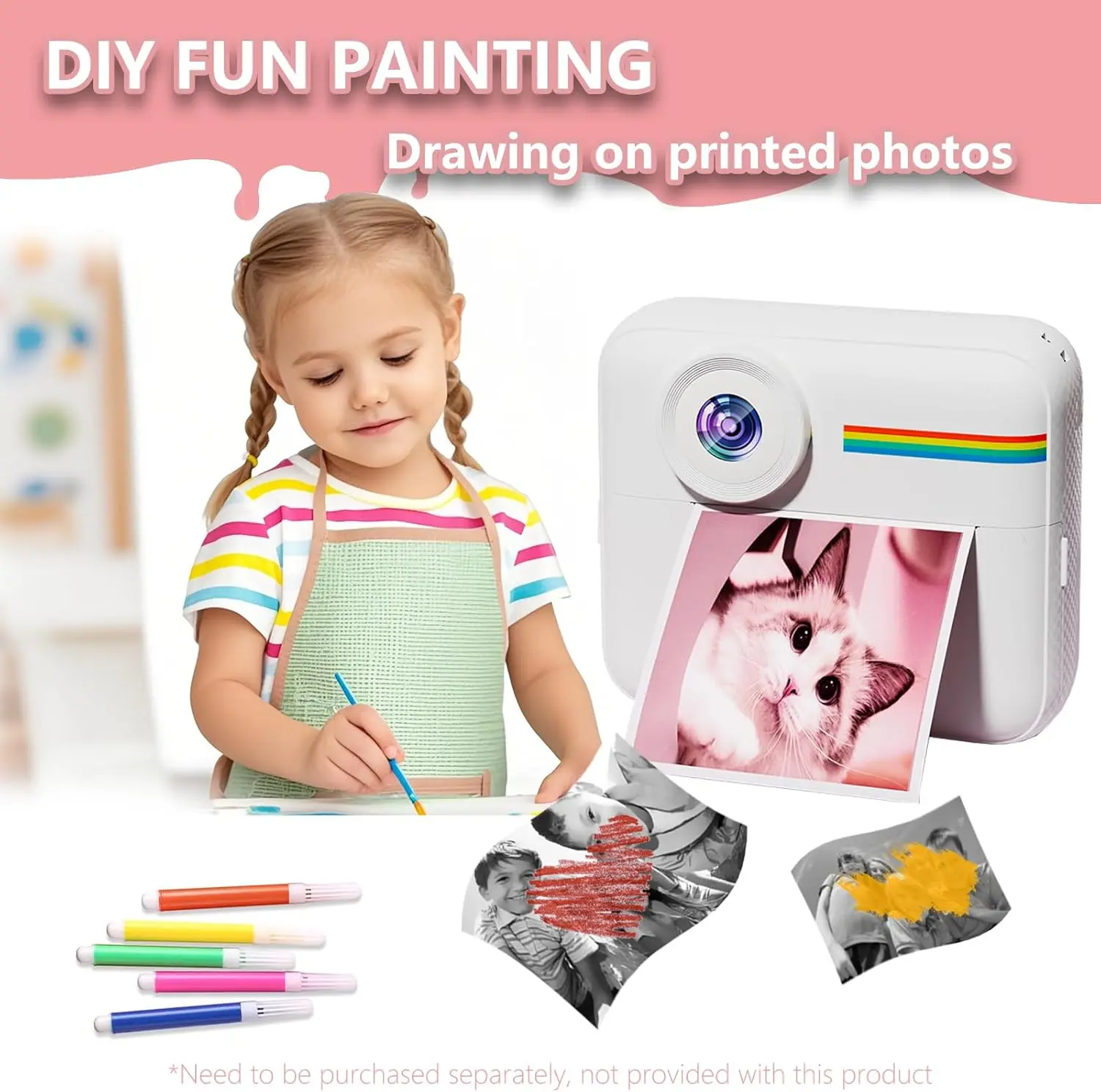 Kids Camera Instant Print with Color Printing Paper and 32GB Card, Front Rear Dual Selfie Kids Camera with 1080P Videos