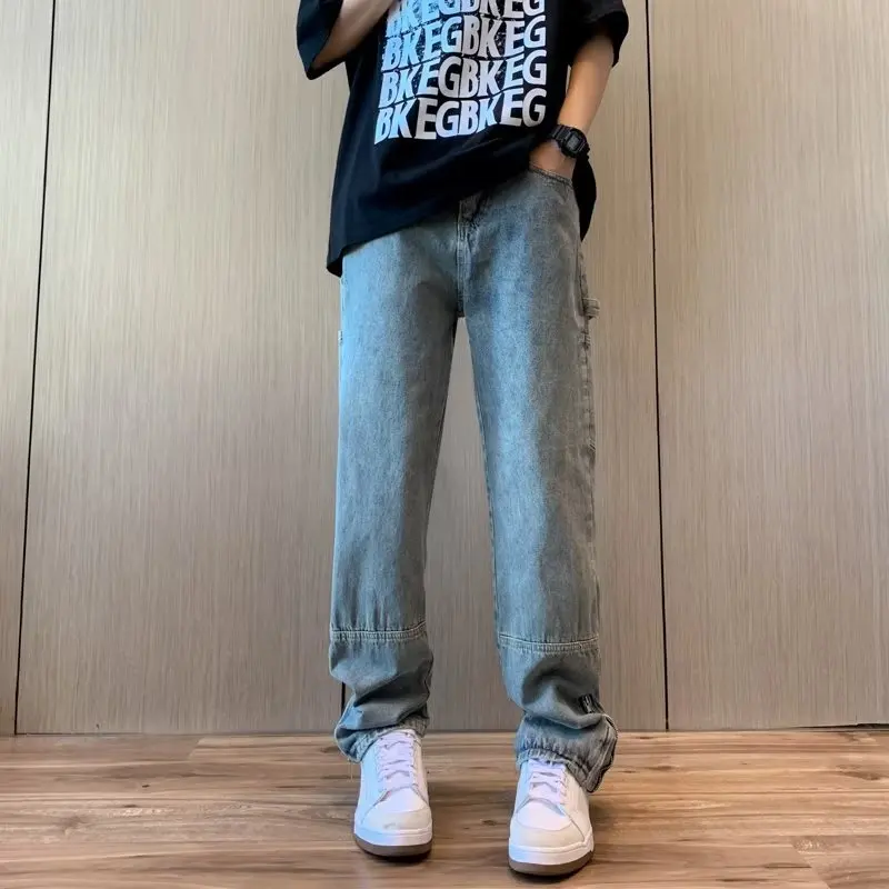 

Vintage High Street Loose Straight Leg Zipper Slit Men's Jeans Spring American Retro Floor-Length Casual Straight Jeans