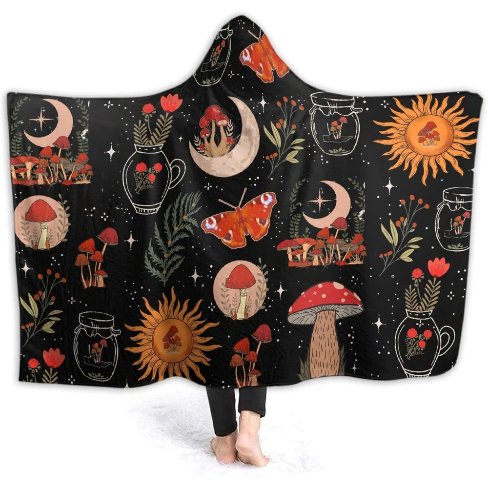 Mushroom Hooded Blanket Mushrooms Gifts for Women Soft Fleece Flannel Mushroom Night Moth Throw Wearable Blanket