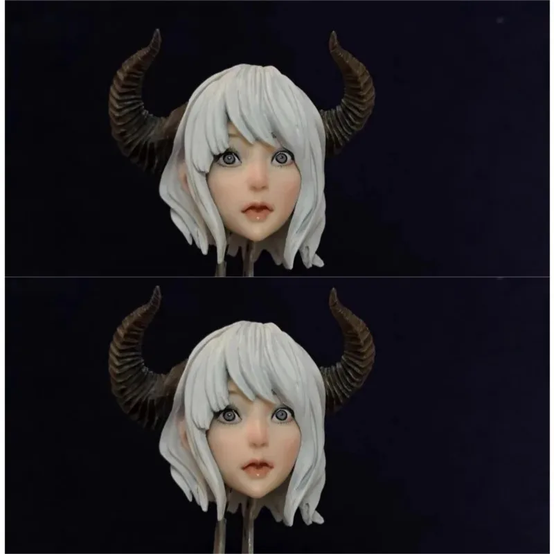 

1/6 Scale Anime Elf Bull Horn Little Beauty White Hair Head Carving for 12Inch Plain Skin PH Toy Figures Body