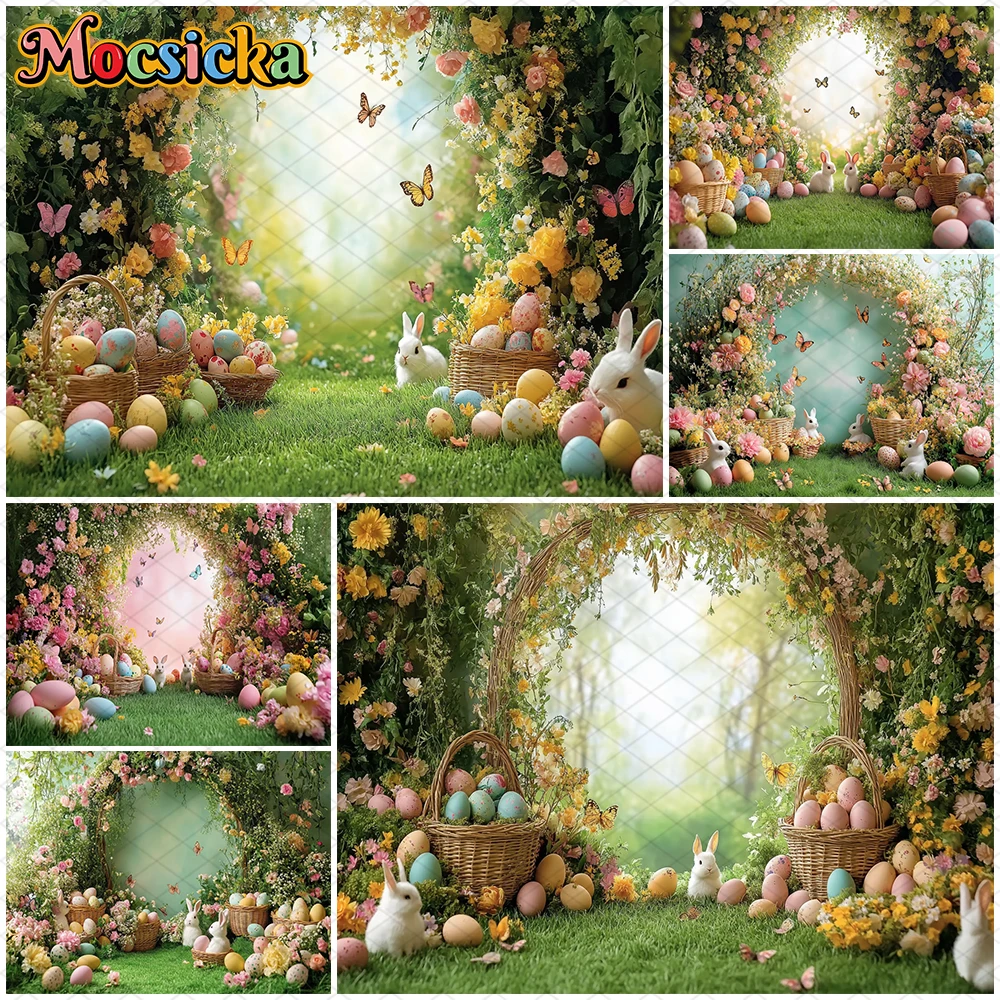 

Mocsicka Easter Egg Photography Background Spring Flowers Birthday Party Backdrop Butterfly Rabbit Pattern Decors Studio Banner