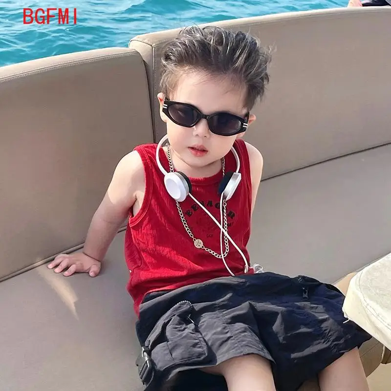 1-10Y Summer Thin New Vintage Wine Red Baby Boys Vest Sleeveless Printing Top Shirt + Black Versatile Cargo Shorts Two-piece Set