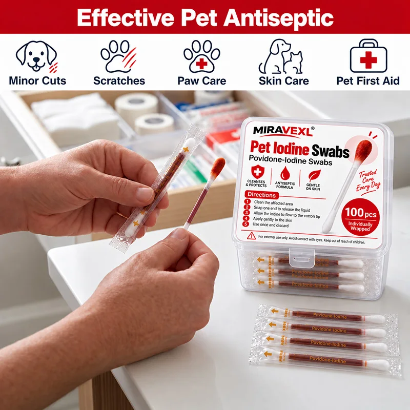 Pet Wound Care Swabs Combo 200Pcs, 70% Isopropyl Alcohol & Povidone-Iodine Antiseptic, First Aid Skin Prep for Dogs Cats Pets