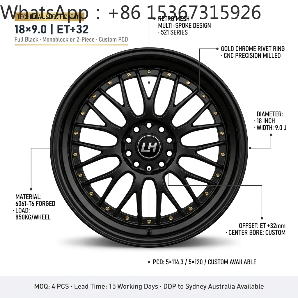 18 Inch 9J 521 Series Performance Forged Wheels Monoblock 2-Piece Mesh Design All Black Universal Luxury Sedan Rims