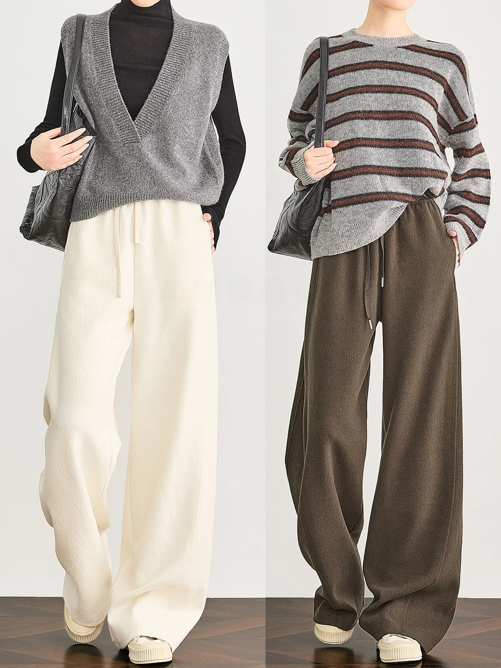 

FALIN Thiened Wool Wide Leg Pants Drape Knitted Casual Trousers Women Winter High Waist Straight Leg Pants Commute Sle