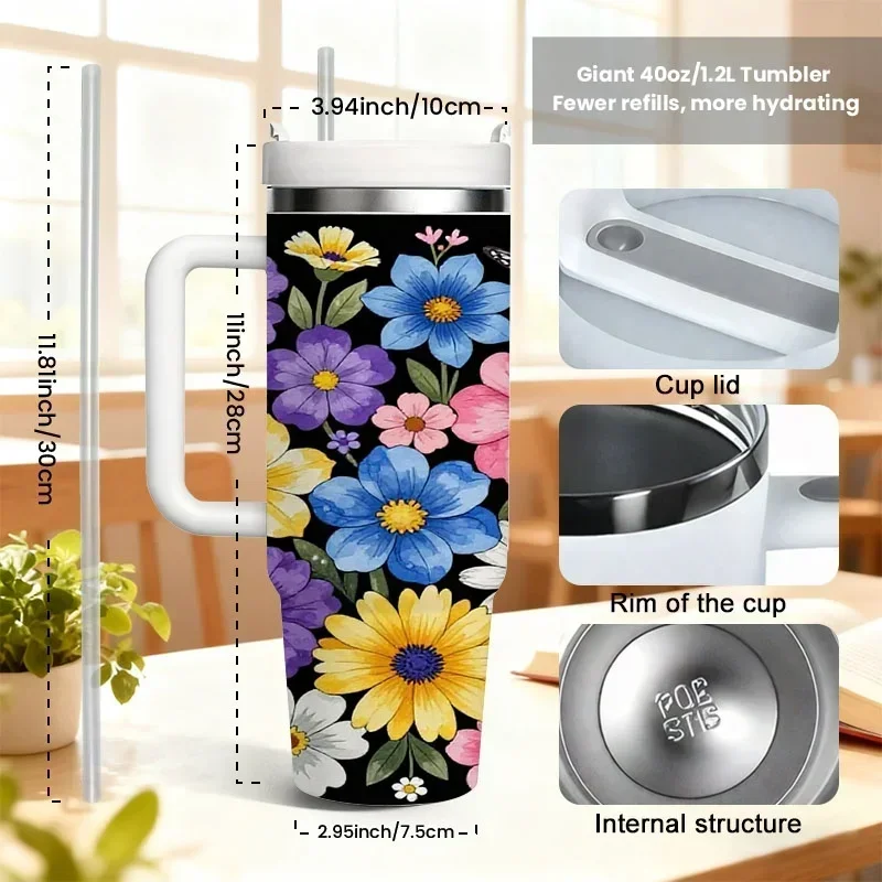Stainless Steel 40oz Insulated Tumbler, Vibrant Floral & Butterfly Digital Print on Black Background, Durable Heat & Cold Retention Drink Cup, Ideal for Daily Commute, Office Use & Outdoor Activities