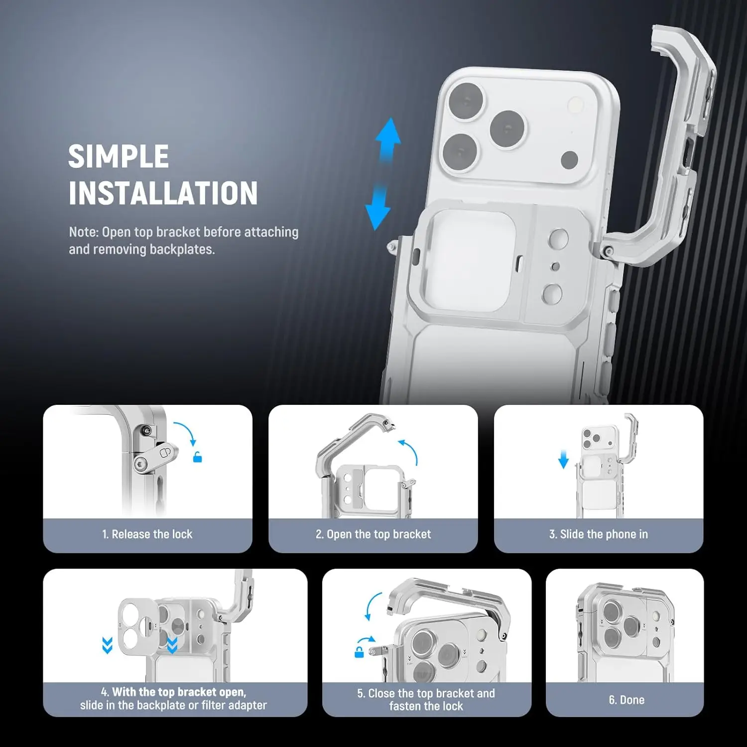 NEEWER مثبت فيديو قفص الهاتف متوافق مع iPhone 17 Pro مع حلقة مرشح 67 مم، لوحة خلفية للعدسة مقاس 17 مم باللون الفضي #3