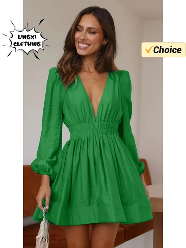 Imagen 2 del producto Vestido elegante de estilo bohemio para mujer, vestido de longitud media con escote en V profundo y manga larga, moda de verano 2024