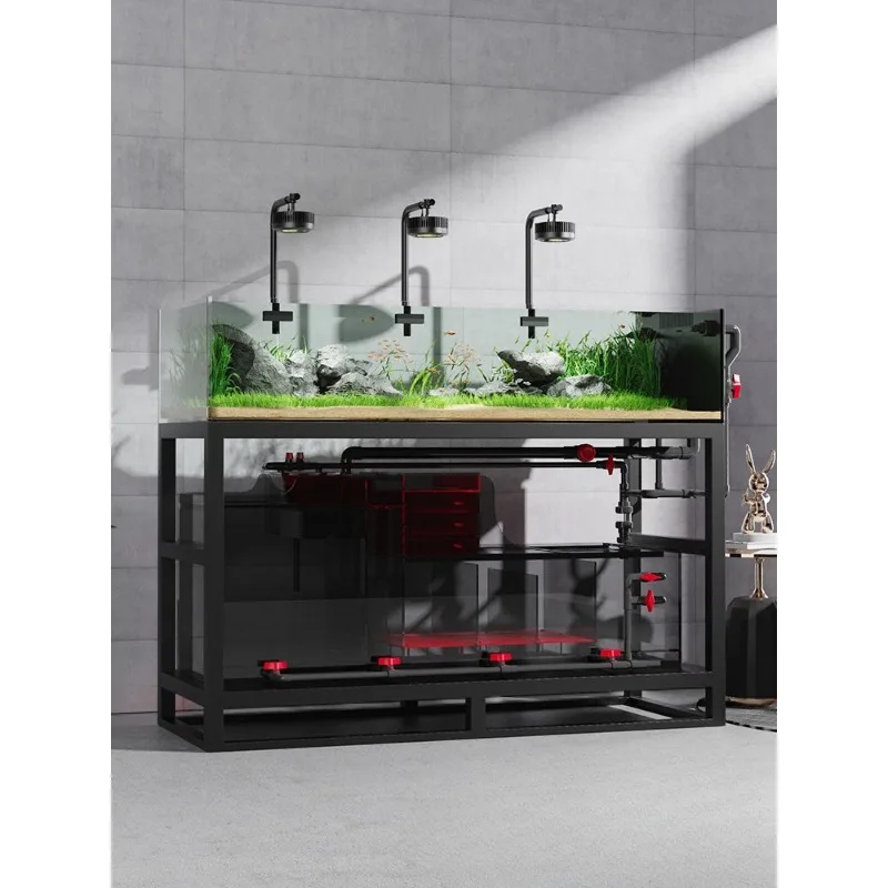 Landscaping Extremely narrow stream fish tank living room ultra-white glass side overflow bottom filter belt cabinet integrated