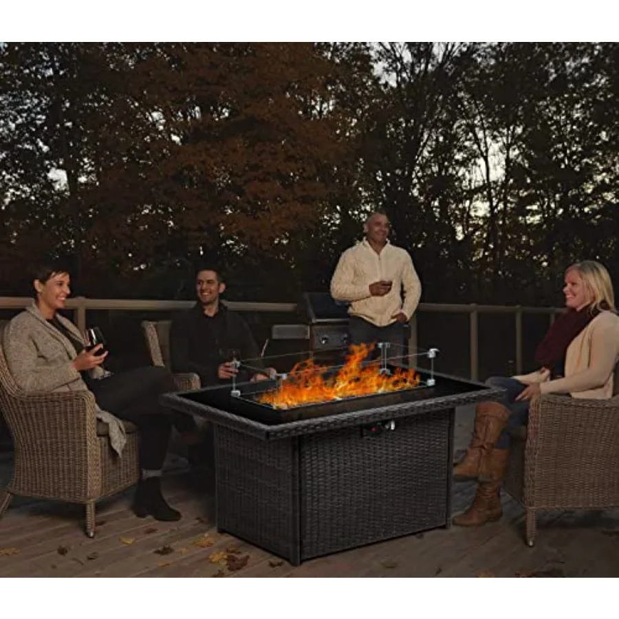 Outdoor propane fire pit table for patio and deck use, stainless steel construction, matte black finish, 44-inch rectangular de