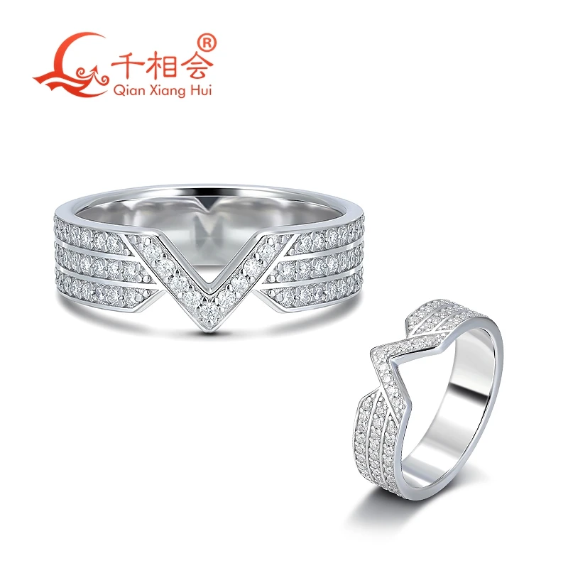 6mm width V-Shape Moissanite S925 Silver Ring - Triple-Row Micro Paved Sparkling Band for Modern Elegance gift dating - view 2