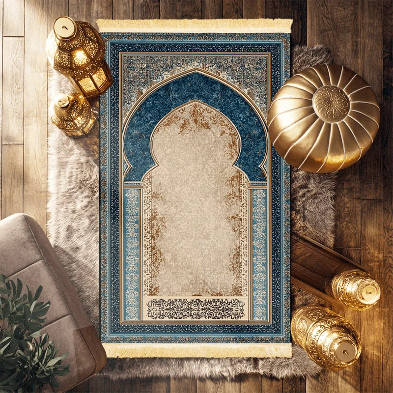VIKAMA Islamischer Gebetsteppich mit Blaugold-Kontrast Retro-Muster Quasten-Gebetsmatte für Religiöse Rituale Leichtgewichtig Faltbar