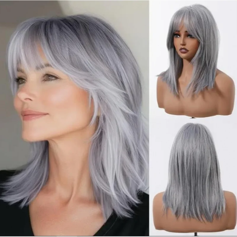 

12" Short Wavy Straight Grey Hair for Women Synthetic Heat Resistant Wigs