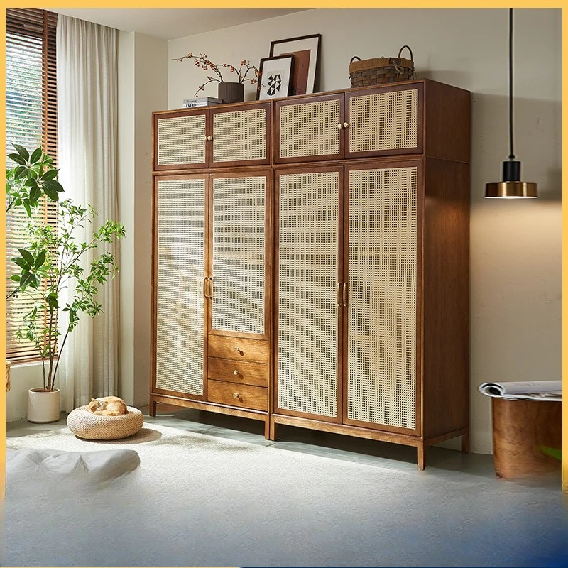 

solid wood rattan wardrobe, simple two-door storage locker, small apartment household wabi-sandy coat cabinet