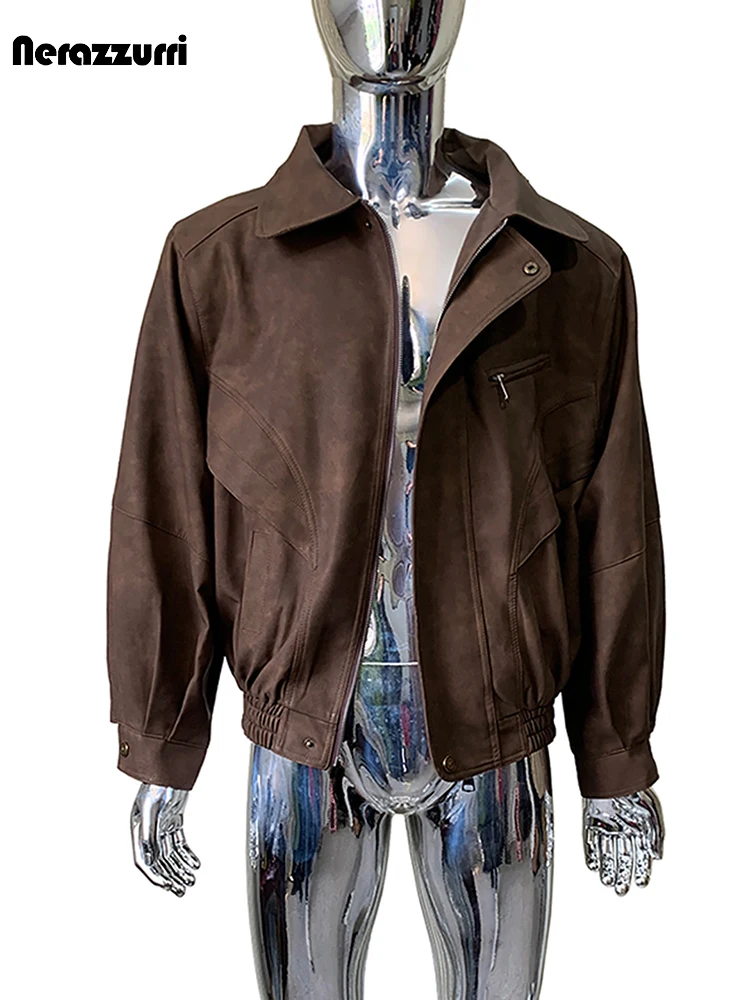 Nerazzurri Autumn Distressed Brown Pu Leather jacket Men Turn-Down Collar Luxury Designer American Vintage Menswear Clothes 2026